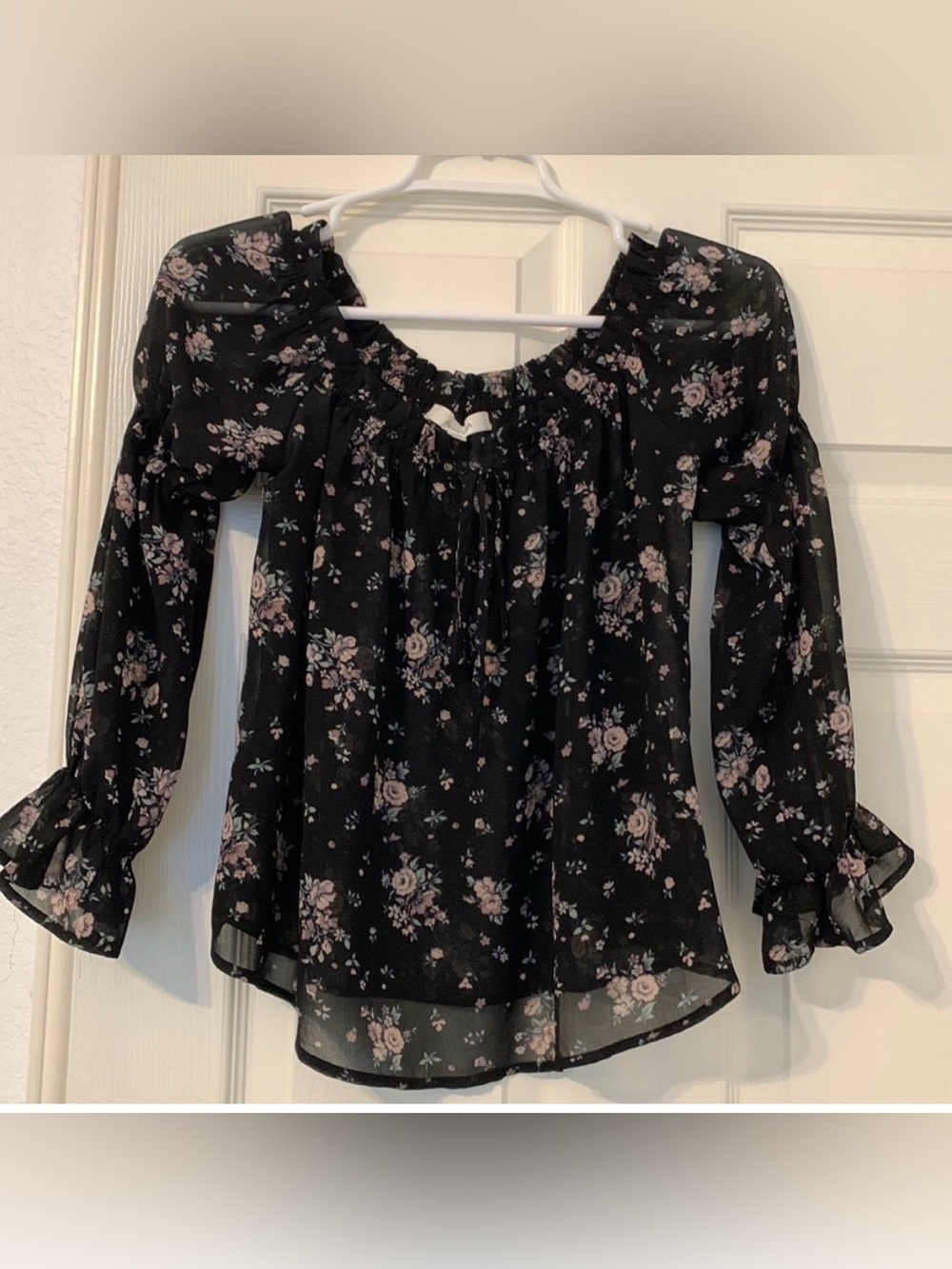 OFF THE SHOULDER BLOUSE SHEER BLACK FLORAL WHIMSY FEMININE BOHO CHIC COQUETTE